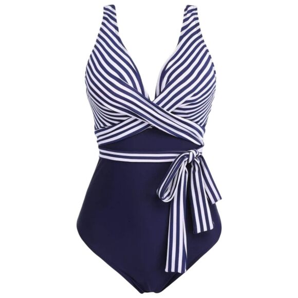 Meet Curve Swimsuit Womens Large Blue Fashion Faux Wrap Halter One Piece Stripes - Picture 2 of 10